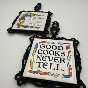 Lot of 2 Vintage Cast Iron Small 3" Ceramic Tile Hot Plate Trivets Wall Hanging